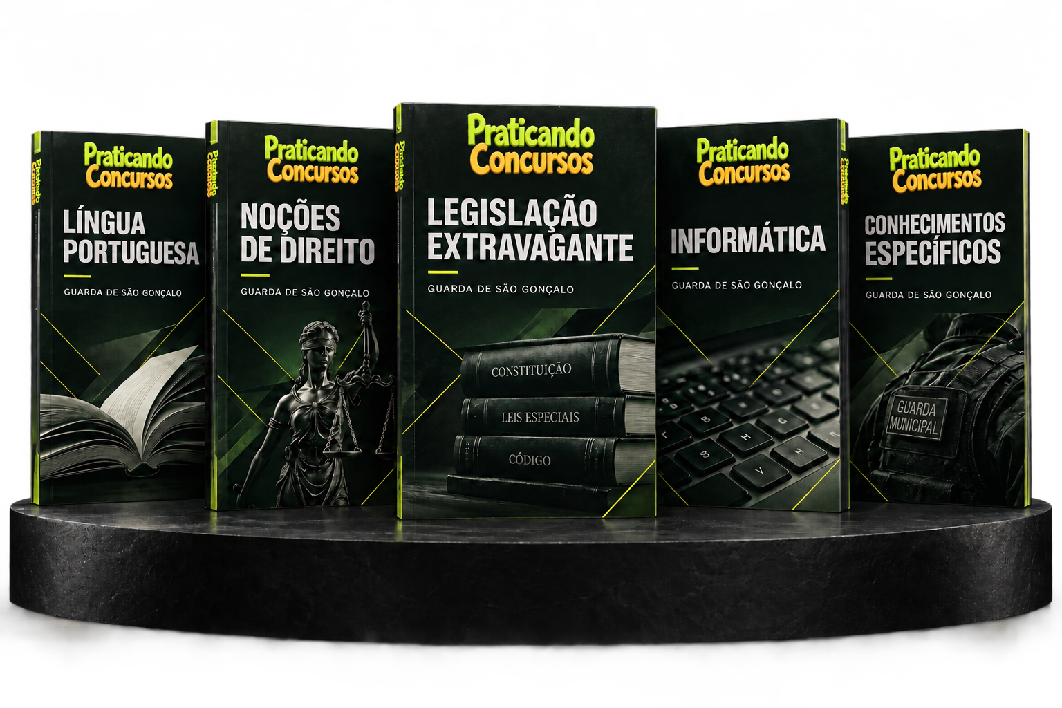 Mockup do conjunto de cinco apostilas Praticando Concursos: Língua Portuguesa, Noções de Direito, Legislação Extravagante, Informática e Conhecimentos Específicos